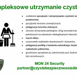 Infografika przedstawiająca kompleksowe utrzymanie czystości, z ikoną osoby sprzątającej z wiadrem i mopem oraz listą usług, w tym sprzątanie terenów zewnętrznych, mycie okien i sprzątanie po...