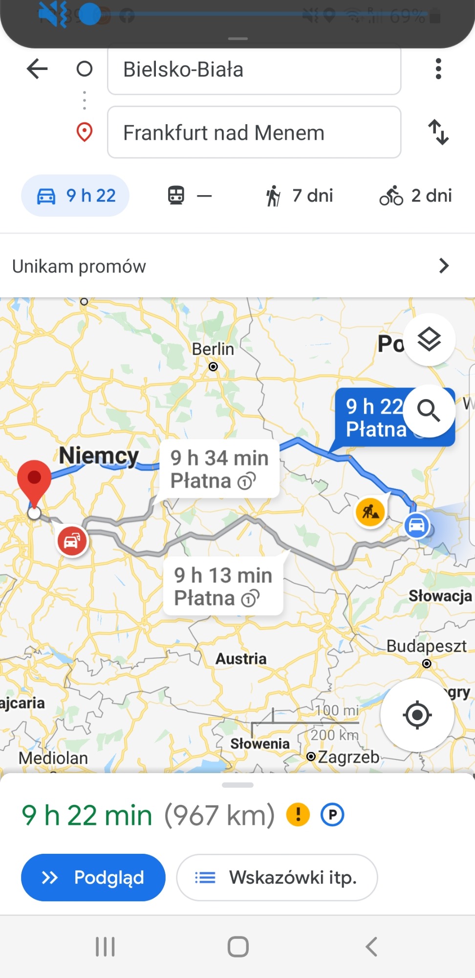 Mapa trasy samochodowej z Bielska-Białej do Frankfurtu nad Menem, z zaznaczonymi punktami pośrednimi w Niemczech, Austrii i Słowacji, wyświetlana w aplikacji Google Maps z informacjami o czasie...