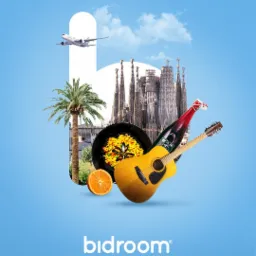 Kompozycja graficzna z motywami hiszpańskimi: samolot w locie, Sagrada Familia, paella z owocami morza, gitara akustyczna, pomarańcza i palma na błękitnym tle, promująca markę 'bidroom travel...