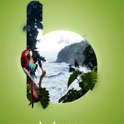 Plakat reklamowy biura podróży z papugą siedzącą na gałęzi na tle tropikalnego krajobrazu morskiego w kształcie litery 'b', z logo 'bidroom travel smarter' na dole.