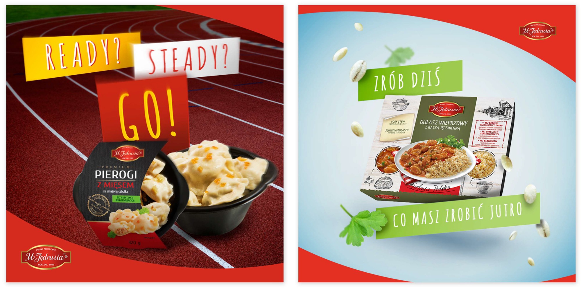 Reklama pierogów i gulaszu w sportowej stylistyce: pierogi w miseczce na tle bieżni lekkoatletycznej z hasłami 'Ready? Steady? Go!', obok gulasz z hasłami 'Zrób dziś' i 'Co masz zrobić jutro'.