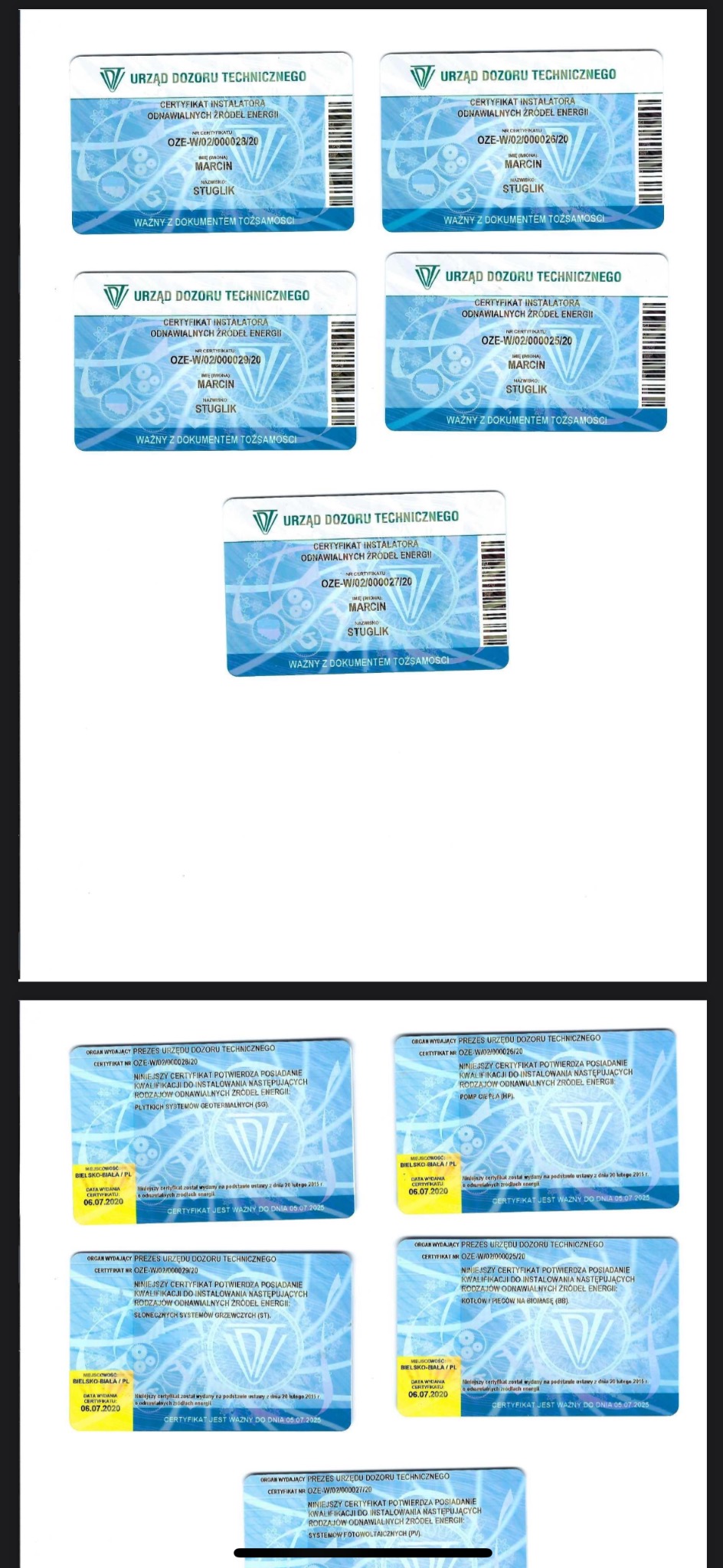 Skan dokumentów: certyfikaty instalatora OZE wydane przez Urząd Dozoru Technicznego, potwierdzające kwalifikacje do instalacji systemów fotowoltaicznych, pomp ciepła, kotłów na biomasę, słonecznych...