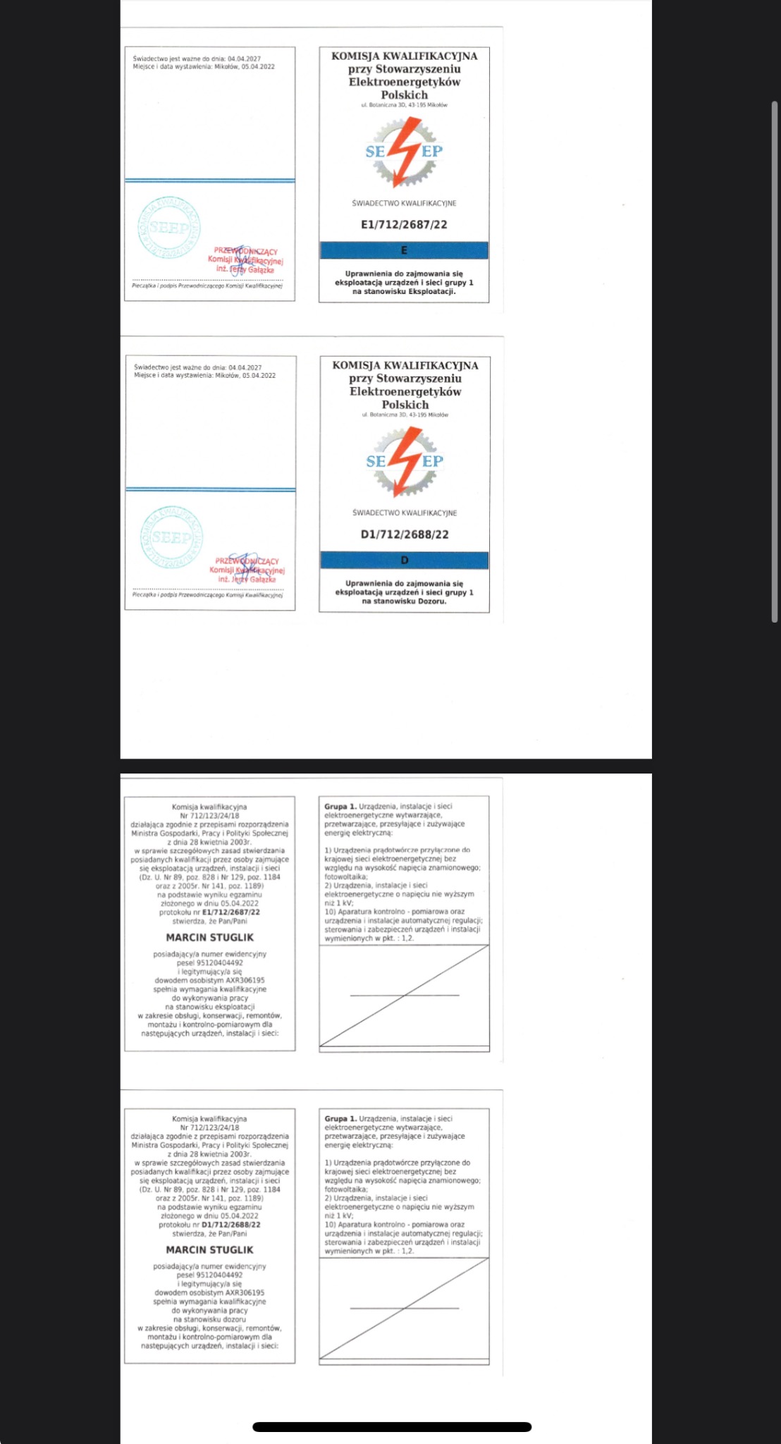 Skan dokumentów potwierdzających uprawnienia elektryczne, w tym świadectwa kwalifikacyjne Stowarzyszenia Elektroenergetyków Polskich dla Marcina Stuglika, z pieczęciami i podpisami, uprawniające...