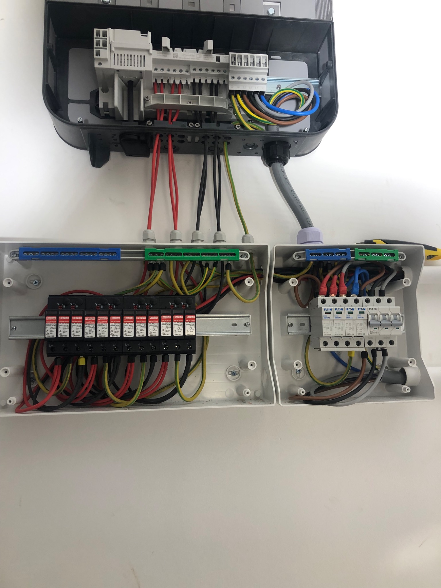 Rozdzielnica elektryczna z zabezpieczeniami przepięciowymi i bezpiecznikami, widoczne okablowanie w kolorach czerwonym, czarnym, zielono-żółtym, niebieskim i brązowym.