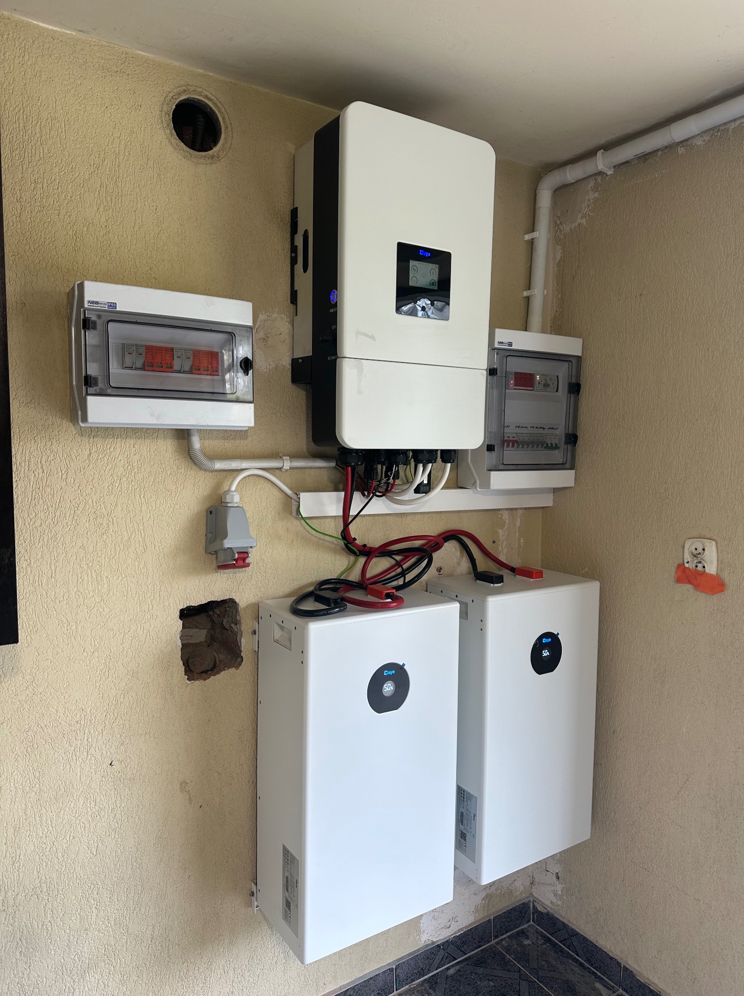 Kompletna instalacja magazynu energii z inwerterem i rozdzielnicami na beżowej ścianie. Widoczne kable, rury i elementy montażowe. Dwa białe akumulatory na dole.