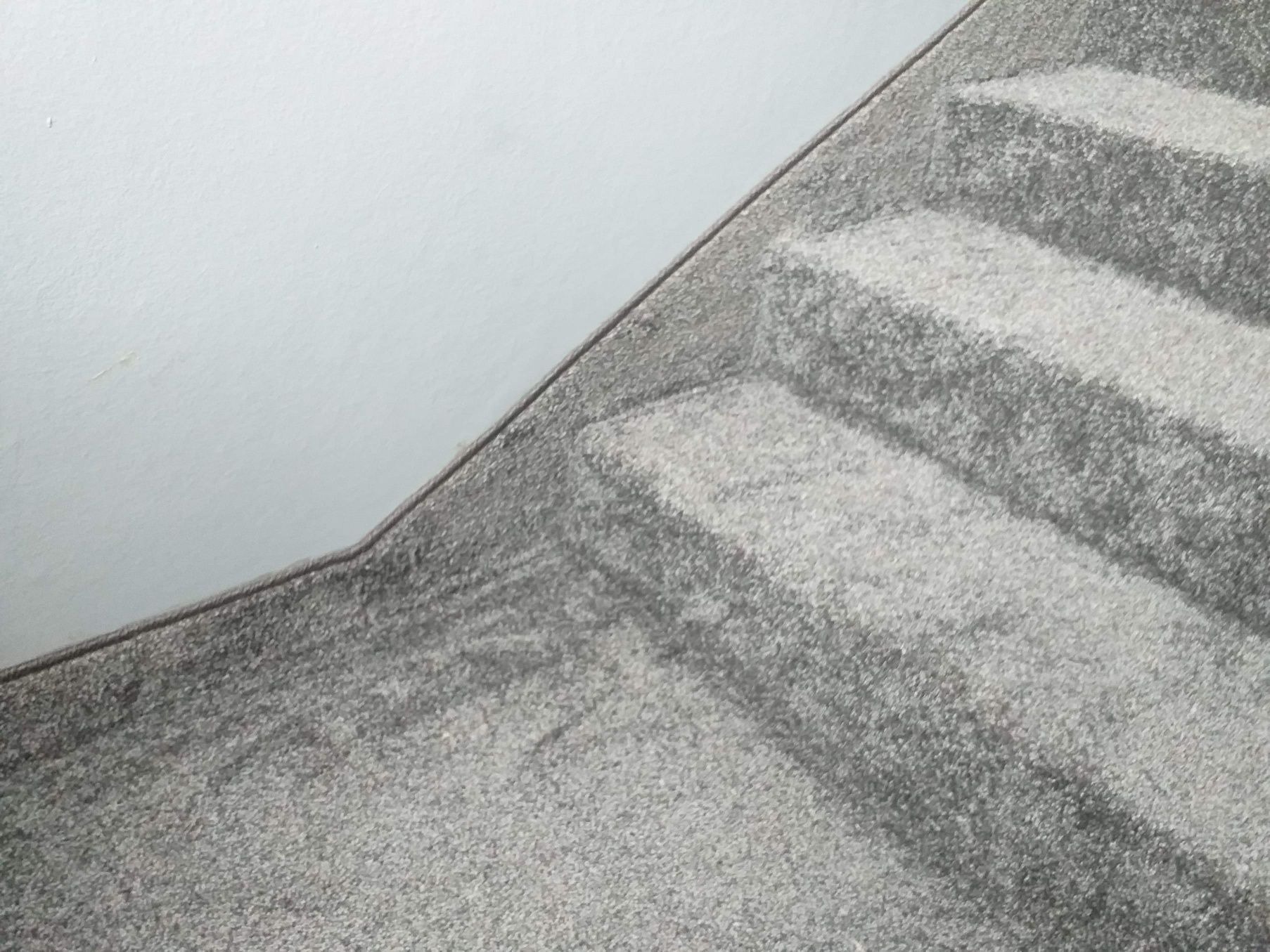 Szare schody obite wykładziną dywanową, widoczne z bliska, z fragmentem białej ściany u góry.