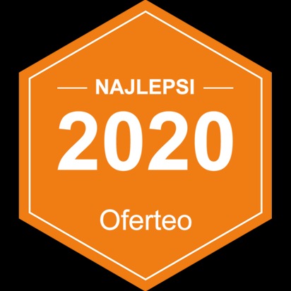 Pomarańczowy emblemat Oferteo 'Najlepsi 2020' na czarnym tle, prezentujący nagrodę lub certyfikat.