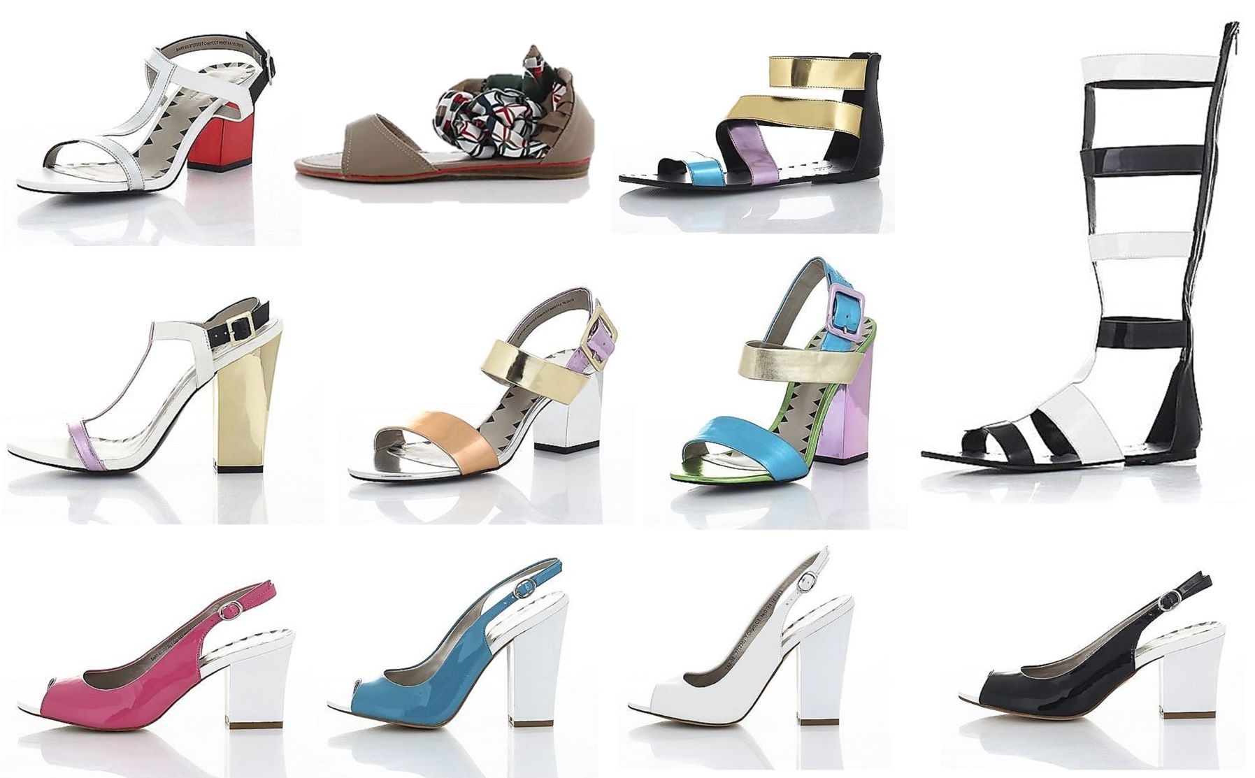 Kolekcja damskiego obuwia na białym tle: sandały na obcasie, gladiatorki i czółenka z grubym, kwadratowym obcasem, w odważnych kolorach i geometrycznych wzorach.