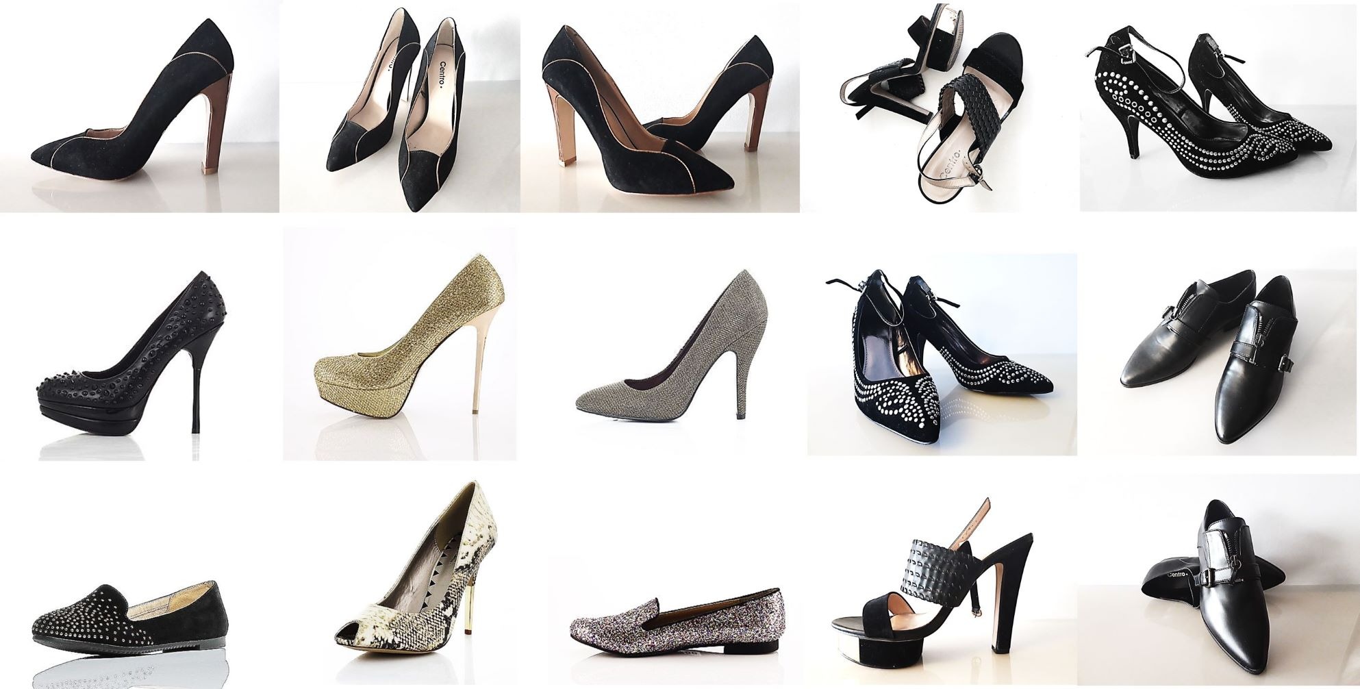 Kolaż z różnorodnych par butów damskich: czarne szpilki z ćwiekami, złote brokatowe platformy, srebrne czółenka, sandały na platformie z plecionką i skórzane mokasyny z zamkiem, prezentowane...
