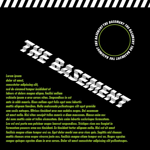 Grafika z napisem 'THE BASEMENT' w perspektywie izometrycznej, otoczonym okręgiem i tekstem Lorem Ipsum na czarnym tle.