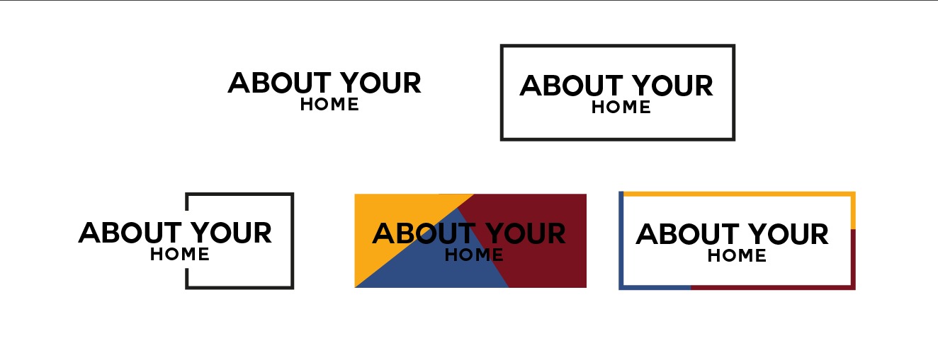 Prezentacja pięciu wariantów logo 'About Your Home' z użyciem różnych obramowań i kolorów: czarne logo bez obramowania, czarne logo w czarnej ramce, czarne logo w niepełnej czarnej ramce, czarne...