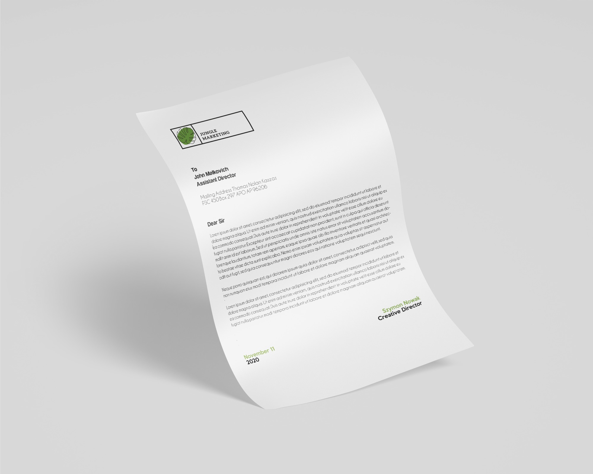 Firmowy papier listowy z logo Jungle Marketing, adresowany do Johna Malkovicha, z tekstem Lorem Ipsum i datą 11 listopada 2020.