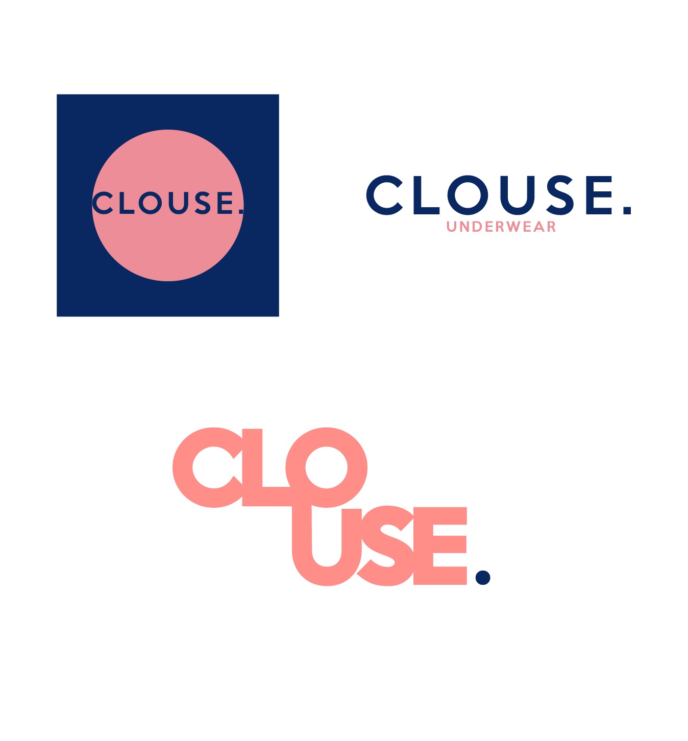 Trzy warianty logo marki odzieżowej: okrąg w kwadracie, nazwa z dopiskiem 'underwear', oraz stylizowana nazwa z połączonymi literami.