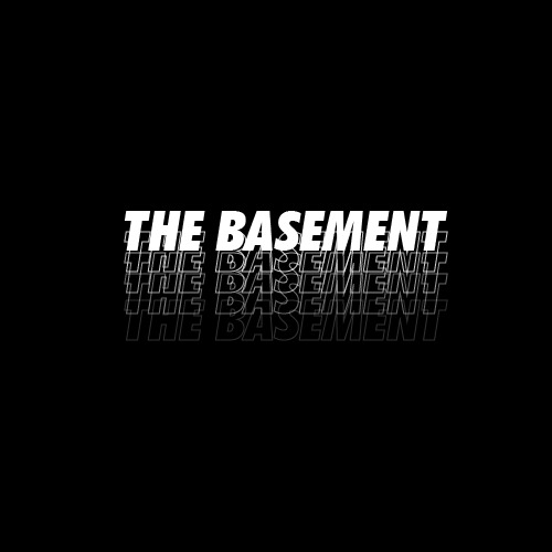 Logo 'The Basement' w stylu echo, biały tekst na czarnym tle z powtórzonymi cieniami.
