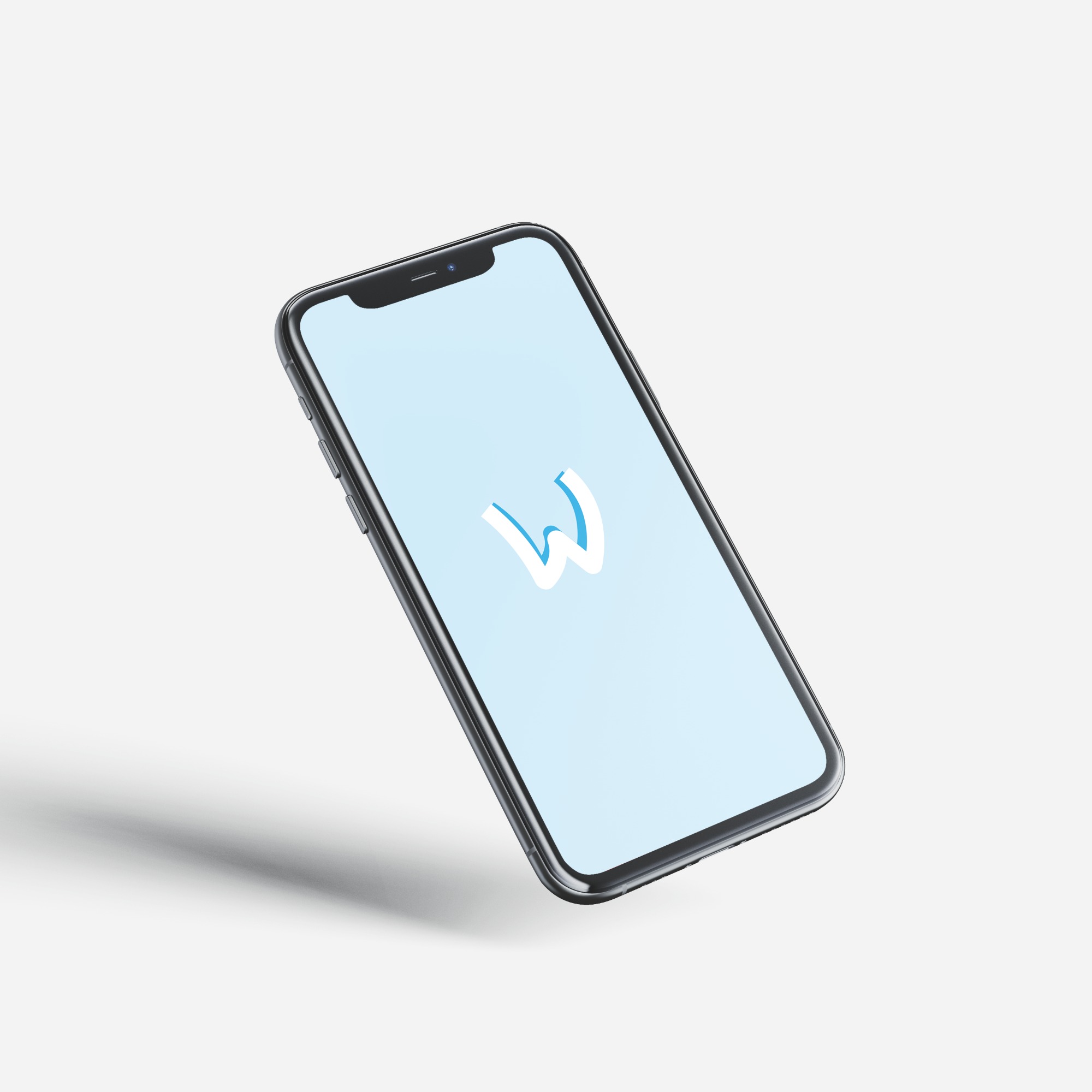 Mockup smartfona z wyświetlanym, stylizowanym logo litery 'W' na jasnoniebieskim tle, z cieniem sugerującym unoszenie się w przestrzeni.