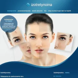 Strona internetowa poświęcona leczeniu trądziku izotretynoiną, prezentująca zdjęcia twarzy przed i po kuracji z naciskiem na poprawę stanu skóry.