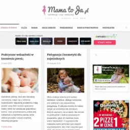 Zrzut ekranu strony internetowej z artykułami o tematyce rodzicielskiej, w tym artykuł o karmieniu piersią z ilustracją przedstawiającą matkę karmiącą dziecko oraz artykuł o pielęgnacji dzieci...