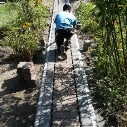 Pracownik w niebieskiej koszulce klęczy przy układaniu ścieżki z kostki brukowej w ogrodzie, widok z tyłu, stos kostki obok.