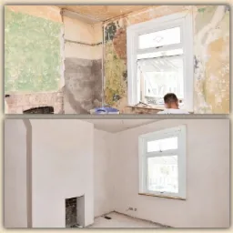 Porównanie stanu pokoju przed i po: zniszczone ściany z resztkami farby i tapet kontra gładkie, jasne ściany po remoncie. Widoczny kominek w obu wersjach.