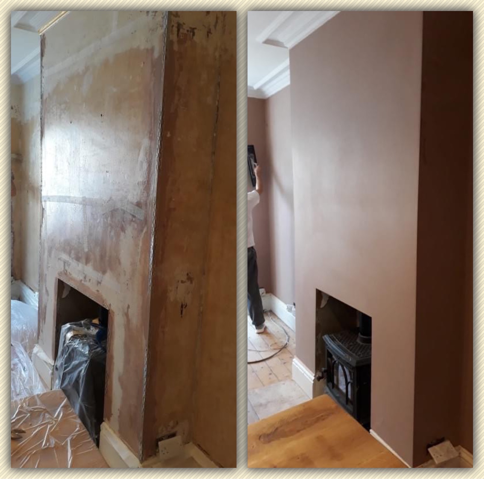 Porównanie stanu ściany kominkowej przed i po renowacji: surowa powierzchnia z pozostałościami starej farby i gładka, pomalowana na brązowo ściana z dekoracyjną sztukaterią sufitową.