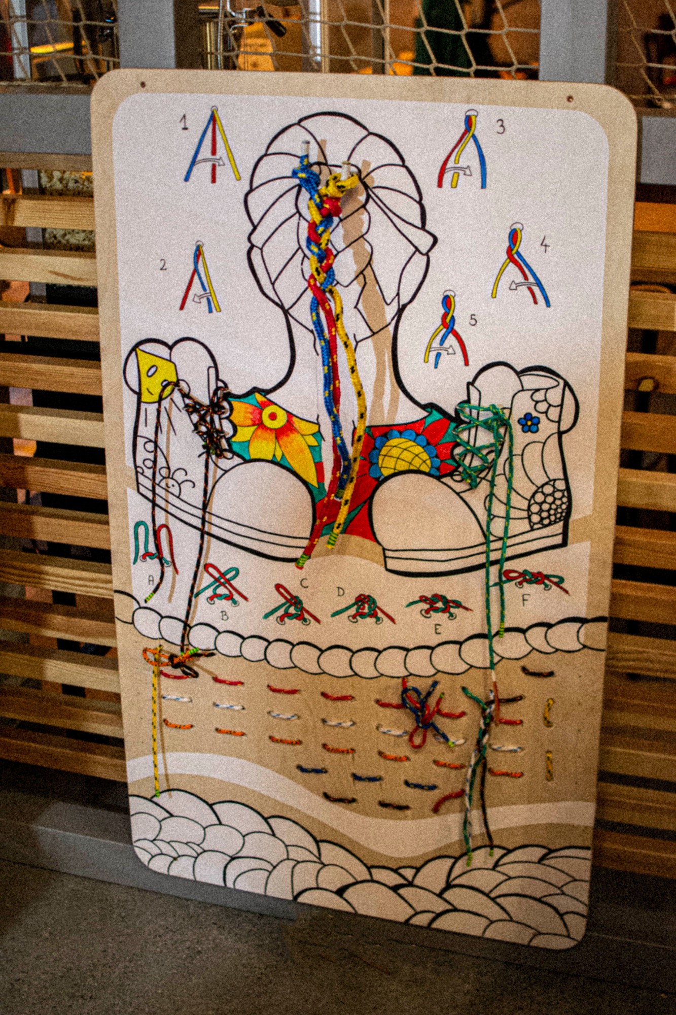 Edukacyjna tablica z instrukcjami wiązania sznurowadeł i węzłów, przedstawiająca schemat głowy i butów z kolorowymi sznurkami.