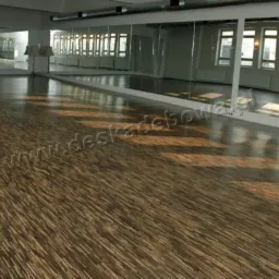 Sala taneczna z parkietem bambusowym ułożonym we wzór jodełki, odbijającym światło z okien. Lustra na ścianach powiększają przestrzeń. Widok na całą podłogę.