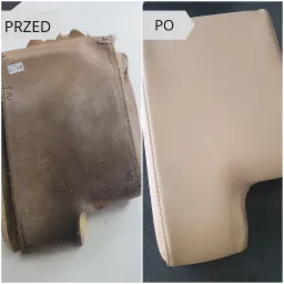 Tapicerka samochodowa podłokietnika przed i po renowacji, widoczne r&oacute;żnice w fakturze i kolorze sk&oacute;ry, z bliska szwy i detale wykończenia.