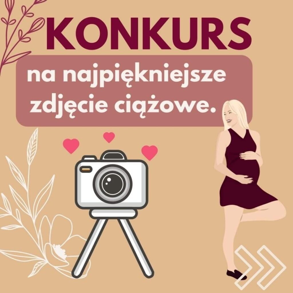 Ilustracja konkursu na najpiękniejsze zdjęcie ciążowe, przedstawiająca aparat na statywie, serduszka i sylwetkę kobiety w ciąży.