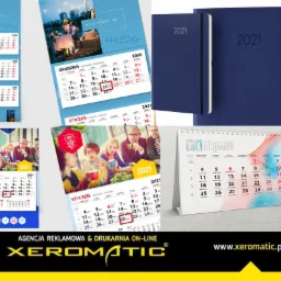 Kompilacja zdjęć kalendarzy i notatników firmowych z logo Xeromatic, prezentująca różne style i formaty, w tym kalendarze ścienne, biurkowe i notatniki z rokiem 2021.