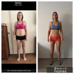 Kobieta prezentuje metamorfozę sylwetki: po lewej zdjęcie przed treningami w różowym topie i czarnych spodenkach, po prawej po treningach w niebieskim topie i pomarańczowych spodenkach, widoczna...