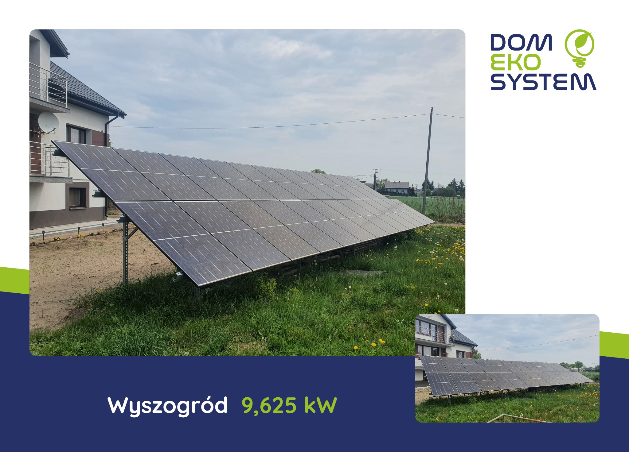 Panel słoneczny zamontowany na konstrukcji wsporczej obok domu jednorodzinnego, widok z boku na trawnik z chwastami, w tle słupy energetyczne i zabudowania.