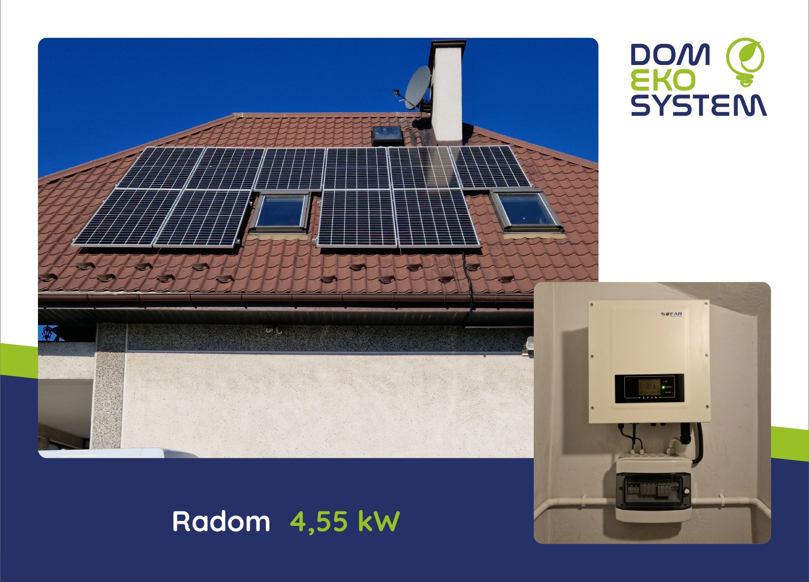 Panele słoneczne na brązowym dachu domu jednorodzinnego z oknami dachowymi, widoczny również falownik SOFAR i skrzynka zabezpieczeń.