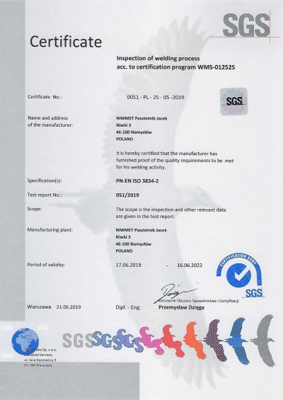Skan certyfikatu firmy NIWMET Pasztetnik Jacek z Namysłowa dotyczącego inspekcji procesu spawania, zgodnego z programem certyfikacji WMS-012525, ważnego do 16.06.2022.