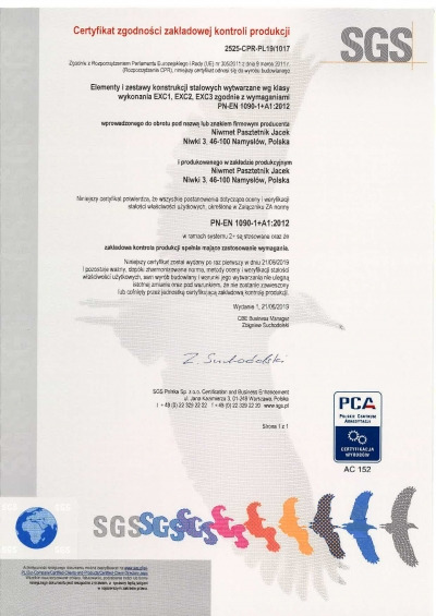 Skan certyfikatu zgodności zakładowej kontroli produkcji dla elementów i zestawów konstrukcji stalowych, wystawionego przez SGS Polska Sp. z o.o., z logo SGS i PCA.