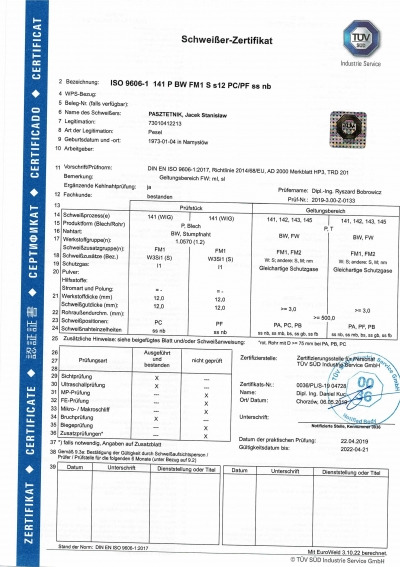Skan certyfikatu spawalniczego ISO 9606-1 wydanego przez TÜV SÜD Industrie Service GmbH dla spawacza, z danymi osobowymi, zakresem uprawnień i datą ważności.