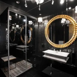 Elegancka łazienka w czerni z mozaiką i złotym okrągłym lustrem, oświetlona kryształowymi lampami, z kabiną prysznicową z drewnianym podestem i nowoczesną białą umywalką.