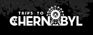 Czarno-biała grafika promująca wycieczki do Czarnobyla, z sylwetką diabelskiego młyna w tle, oferowane z Prypeci.