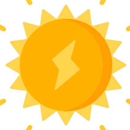 Ikona słońca z symbolem błyskawicy w centrum, w odcieniach żółtego i pomarańczowego.