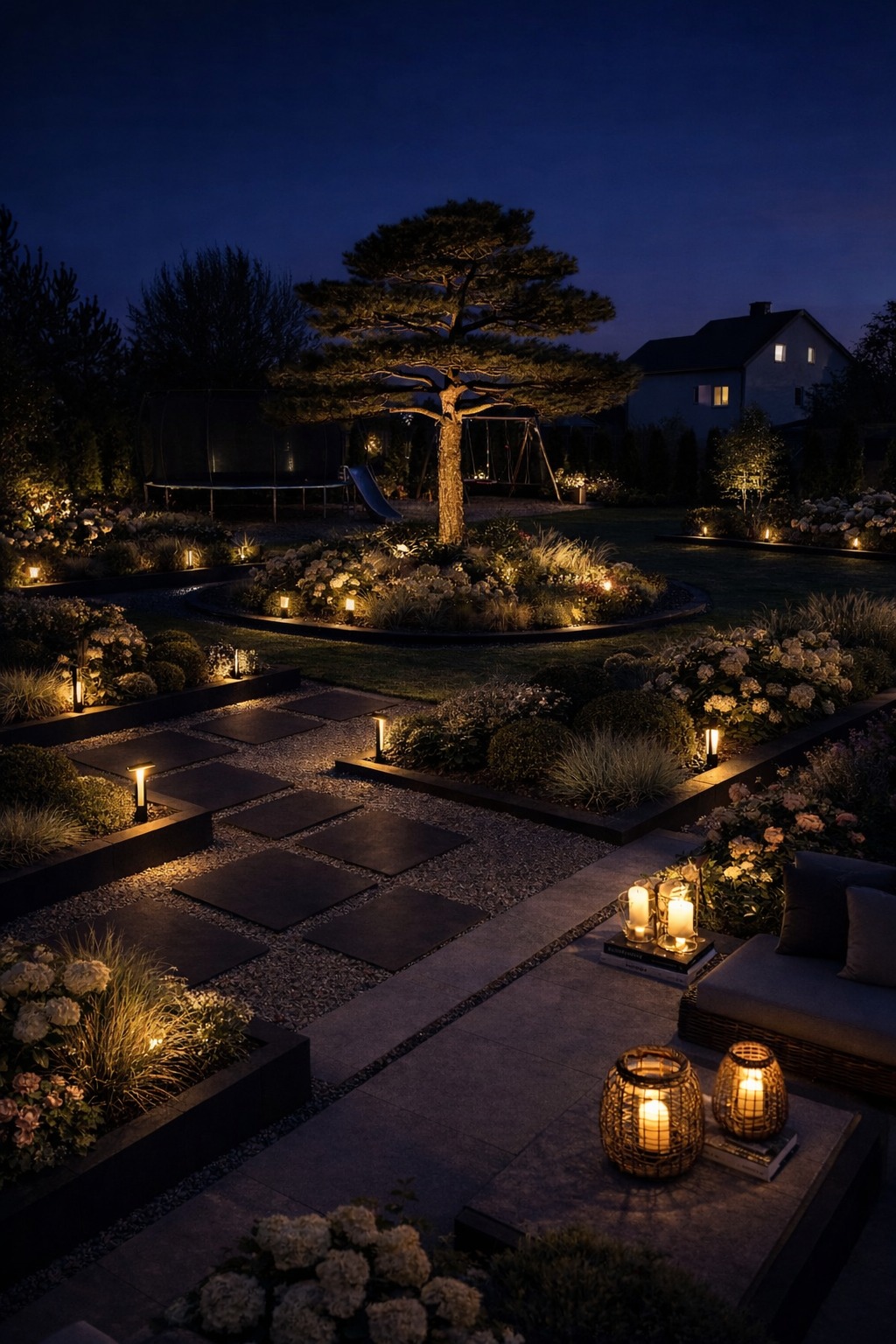 Oświetlony ogród nocą: ścieżka z płyt, rabaty kwiatowe, drzewo centralne, lampy ogrodowe i lampiony tworzą nastrojowy klimat. W tle widoczny dom.