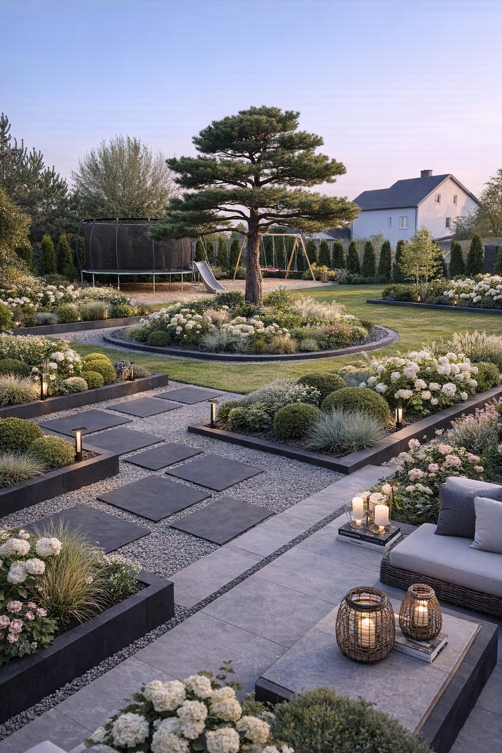 Nowoczesny ogród z kwitnącymi hortensjami, ścieżką z płyt, oświetleniem i centralnie umieszczonym drzewem. W tle trampolina i huśtawka.
