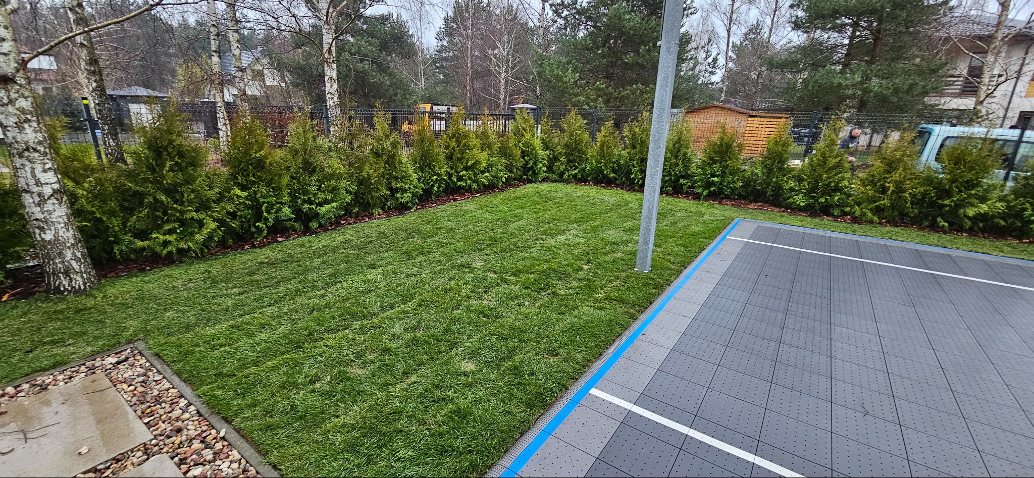 Świeżo założony trawnik z obrzeżami z kostki granitowej i rzędem tuj szmaragd, obok szara nawierzchnia z tworzywa sztucznego z niebieską obwódką. Tło stanowią drzewa.