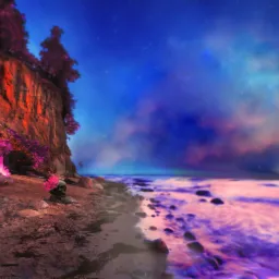 Surrealistyczny krajobraz z klifem, fioletową roślinnością i czaszką z kwiatami na plaży, pod błękitnym niebem z chmurami.