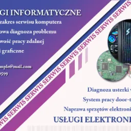Projekt ulotki reklamowej z ofertą usług informatycznych i elektronicznych, zawierającej listę usług, adres e-mail i numer telefonu, z grafiką komputera gamingowego i płyty głównej.