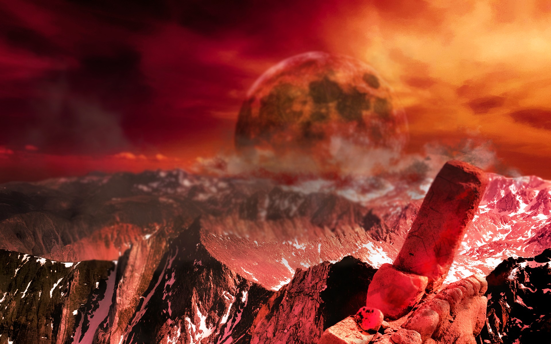 Marsjański krajobraz z górami, śniegiem i czerwonym niebem z widoczną planetą w tle, render 3D.