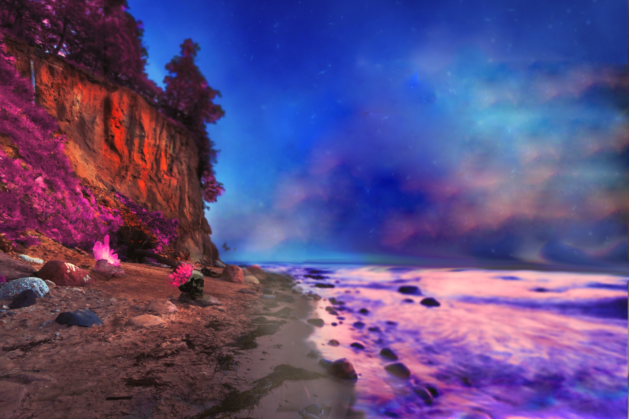 Surrealistyczny krajobraz z klifem, fioletową roślinnością i czaszką z kwiatami na plaży, pod błękitnym niebem z chmurami.