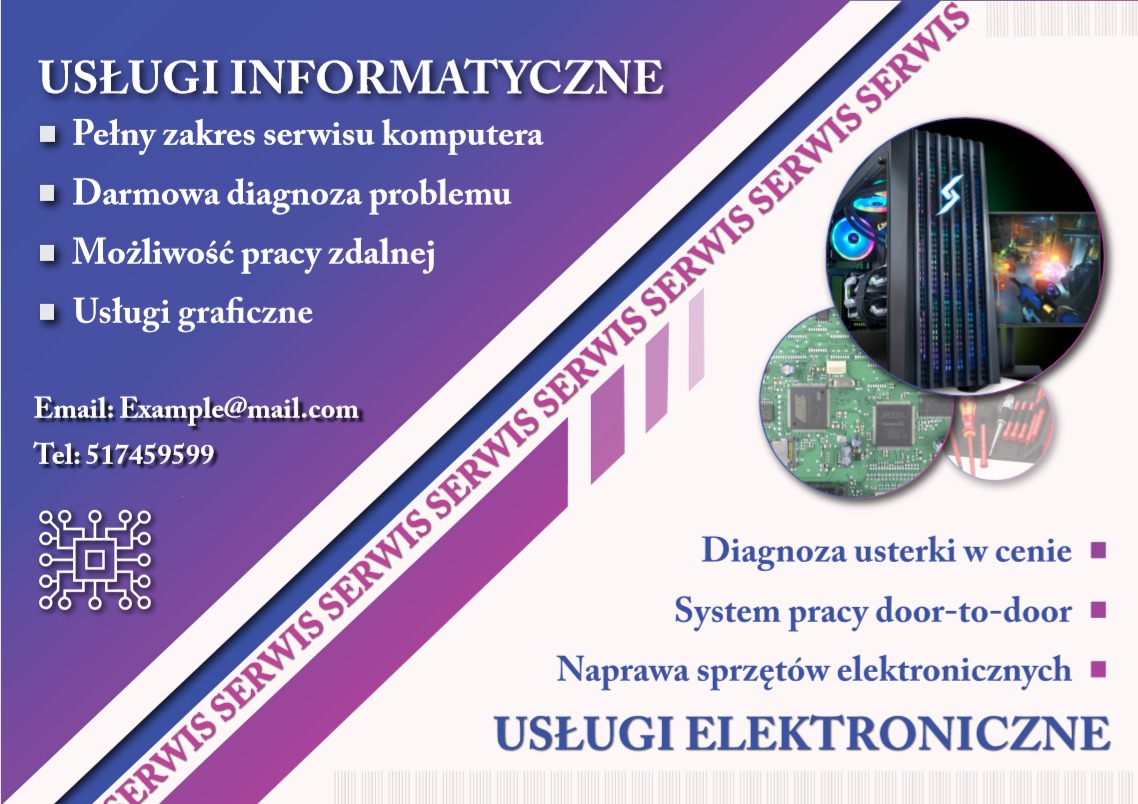Projekt ulotki reklamowej z ofertą usług informatycznych i elektronicznych, zawierającej listę usług, adres e-mail i numer telefonu, z grafiką komputera gamingowego i płyty głównej.
