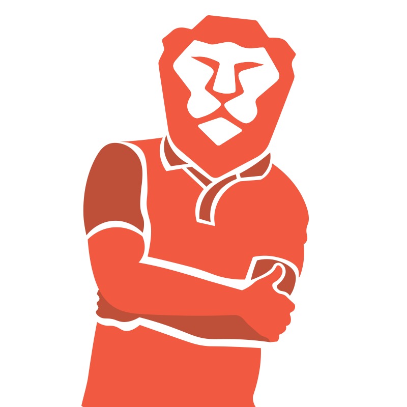 Pomarańczowy wektorowy wizerunek mężczyzny z głową lwa, ubranego w koszulkę polo i ze skrzyżowanymi rękami na białym tle.