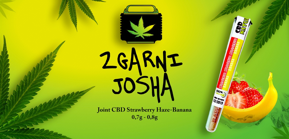 Grafika promocyjna produktu konopnego CBD z owocami: joint Strawberry Haze-Banana 0,7g-0,8g, liście marihuany w tle, banan i truskawki.