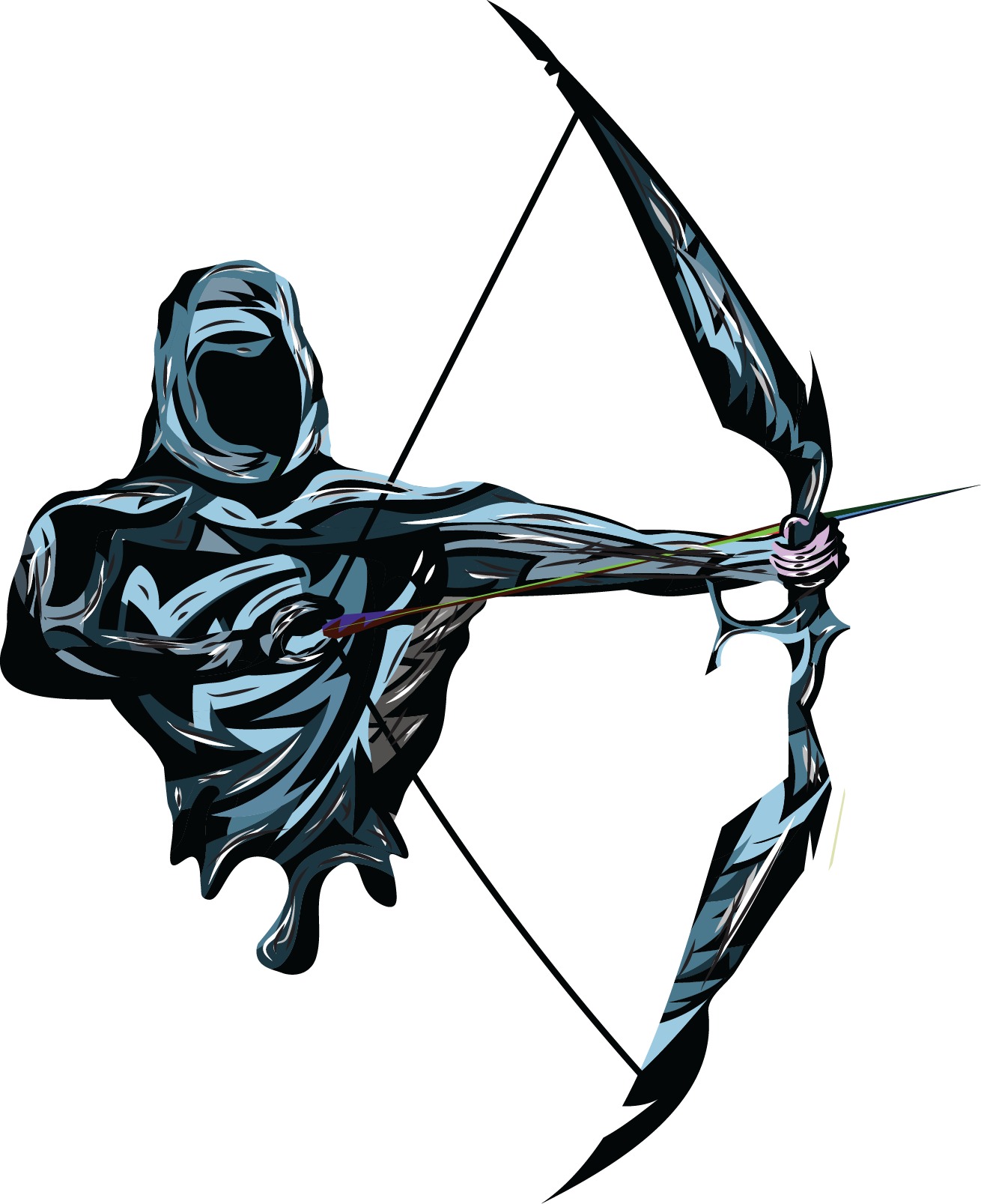 Ilustracja w stylu grafiki komputerowej przedstawiająca postać w kapturze naciągającą łuk, wykonana w odcieniach błękitu i czerni. Usługa z Chrzanowa.