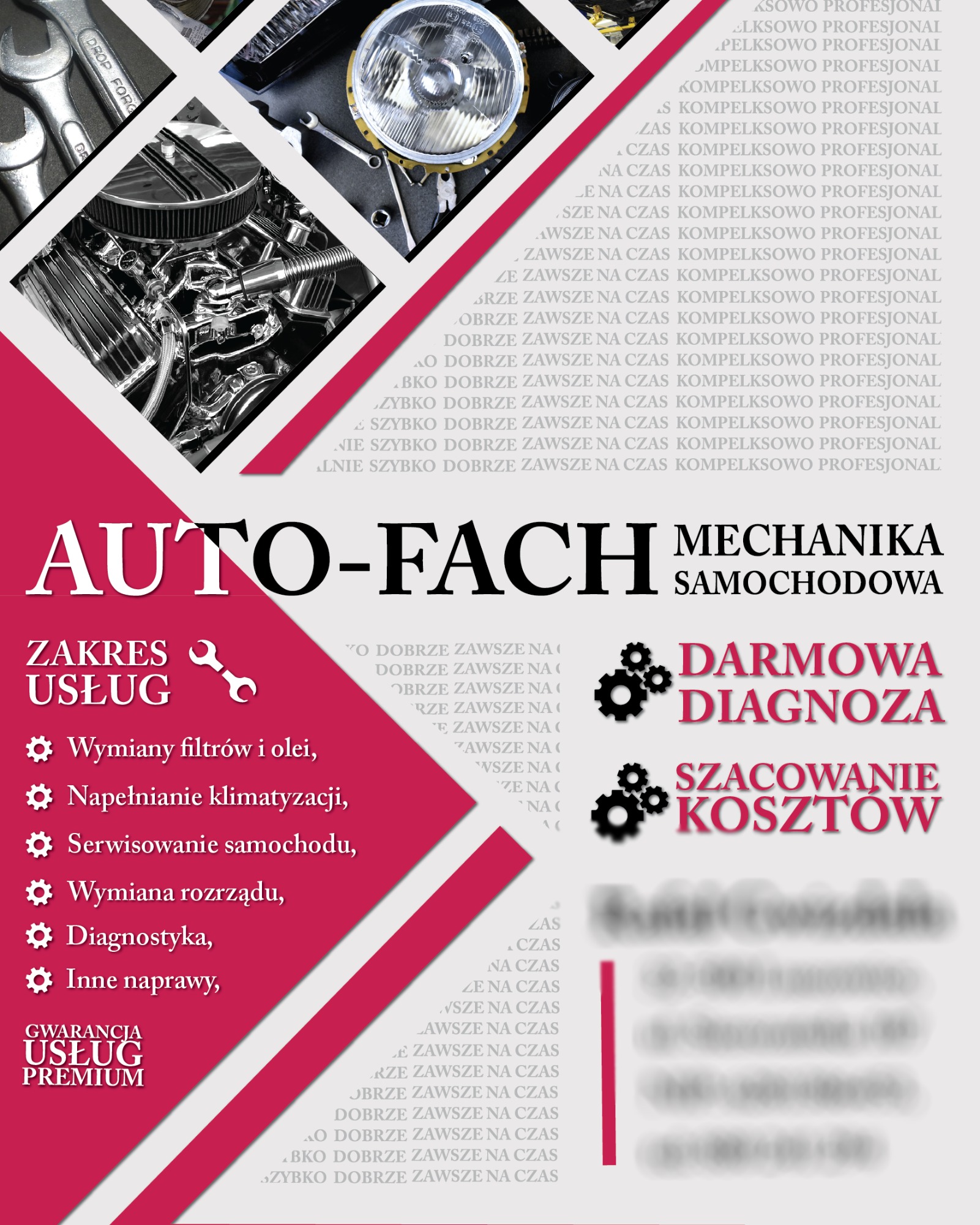 Plakat reklamowy warsztatu samochodowego Auto-Fach z zakresem usług: wymiana filtrów i olei, napełnianie klimatyzacji, serwisowanie samochodu, wymiana rozrządu, diagnostyka, inne naprawy...